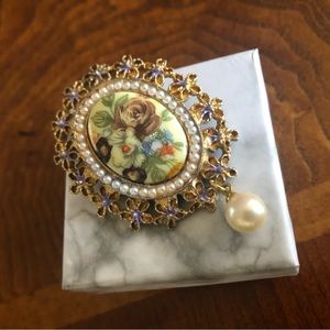 Vintage hand painted porcelain pearl halo brooch
